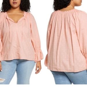 NWT Caslon Peach Polkadot Lightweight Long Sleeve Top with Ties